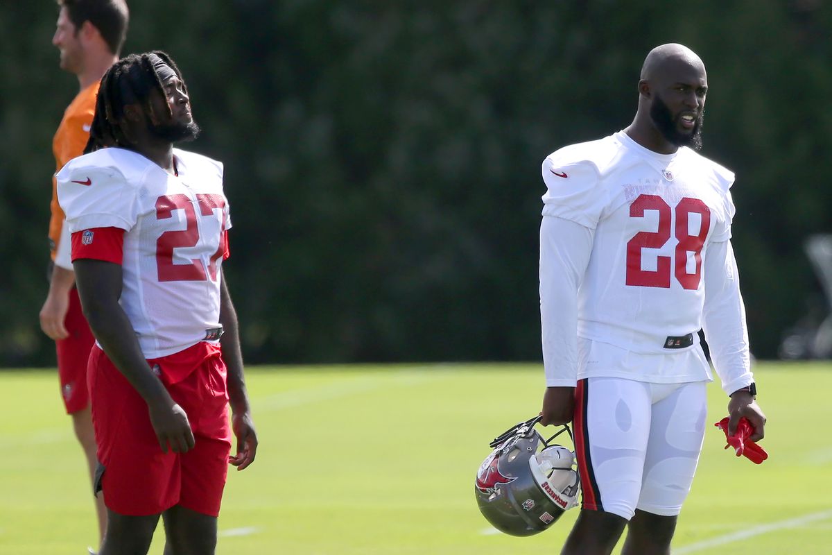 The Buccaneers Ronald Jones and Leonard Fournette watch the special teams work out during the Tampa Bay Buccaneers practice on September 08, 2020 at the AdventHealth Training Center in Tampa, Florida.