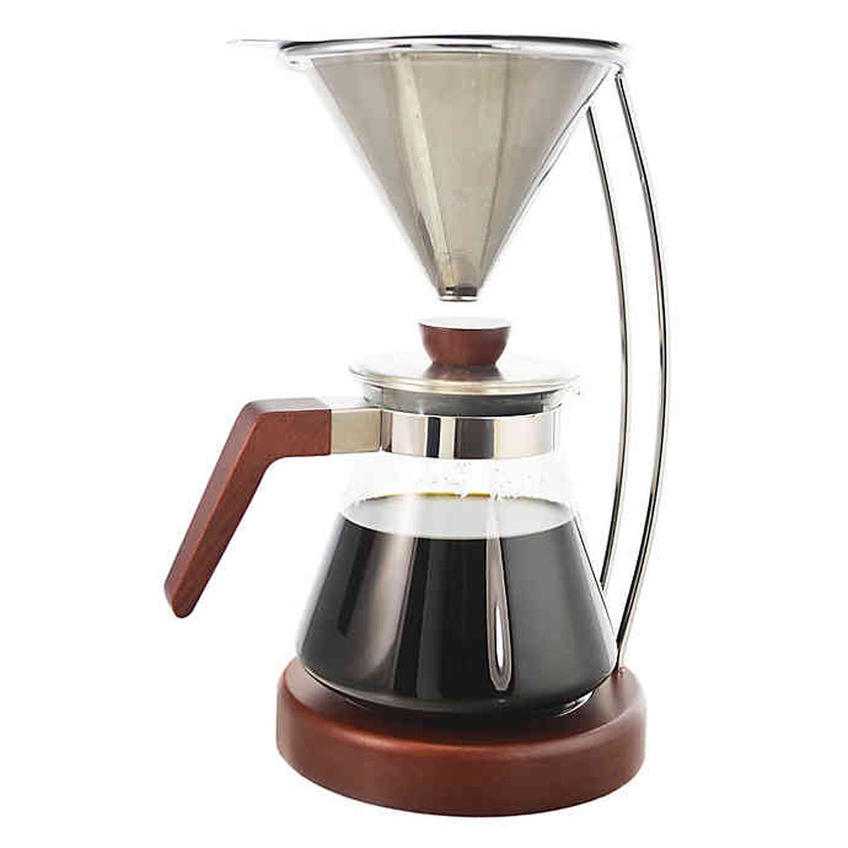 A glass coffee pot that sits on a wooden base. Comes with a stainless steel filter. 