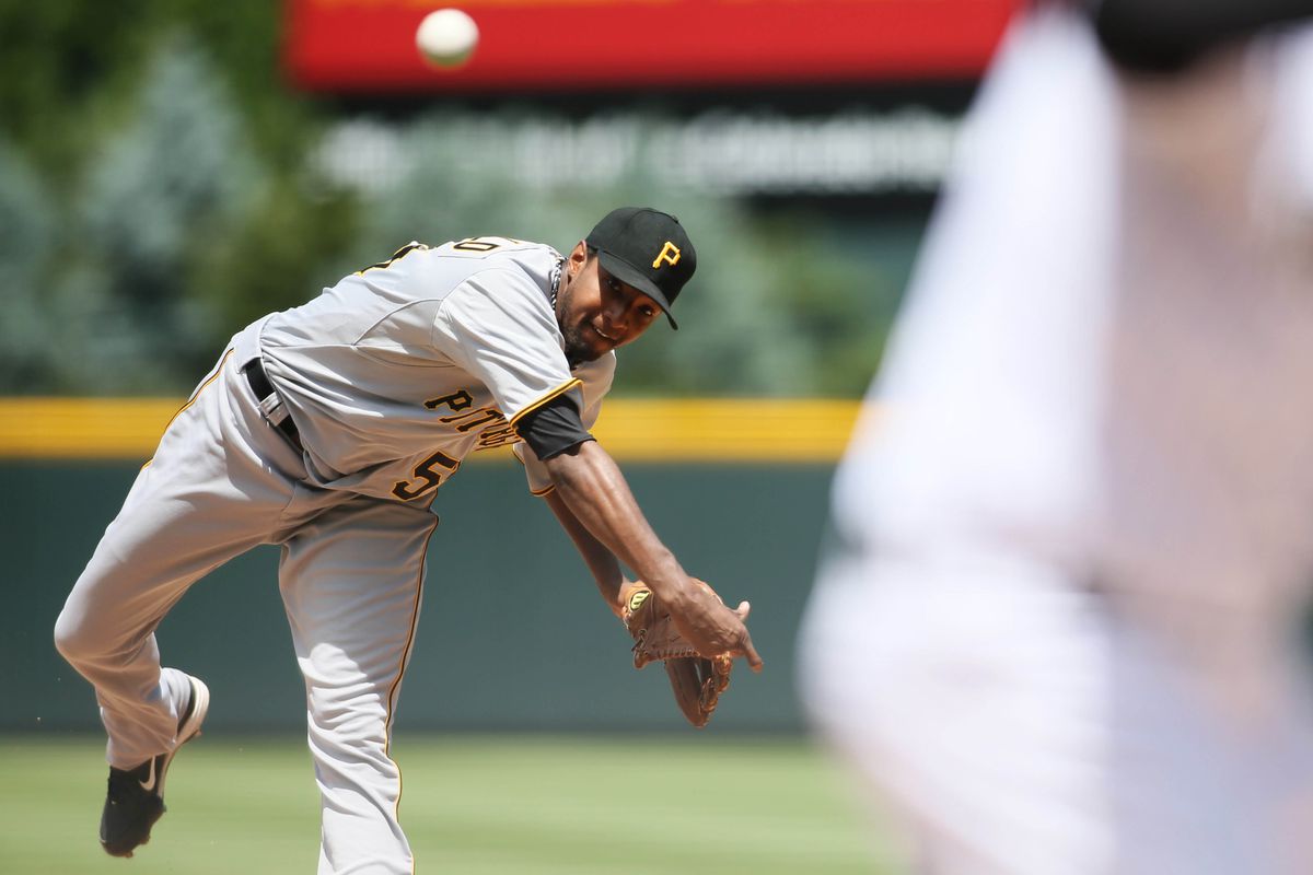 July 18, 2012; Denver, CO, USA; Pittsburgh Pirates pitcher James McDonald (53) delivers a pitch during the first inning against the Colorado Rockies at Coors Field.  Mandatory Credit: Chris Humphreys-US PRESSWIRE