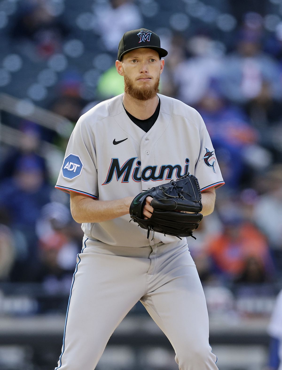 A.J. Puk #35 of the Miami Marlins in action against the New York Mets at Citi Field on April 09, 2023 in New York City. The Marlins defeated the Mets 7-2.