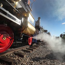 The Jupiter and No. 119 engines are lined up during the 150th anniversary celebration at the Golden Spike National Historical Park at Promontory Summit on Friday, May 10, 2019.