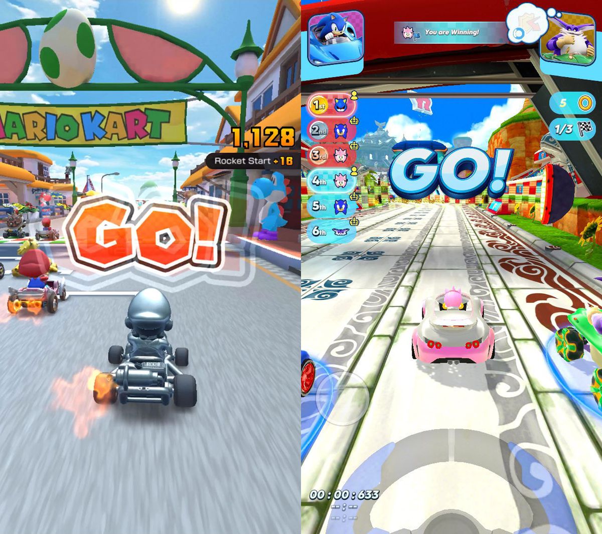 A race begins in Mario Kart Tour on the left side, and Sonic Racing on the right side.