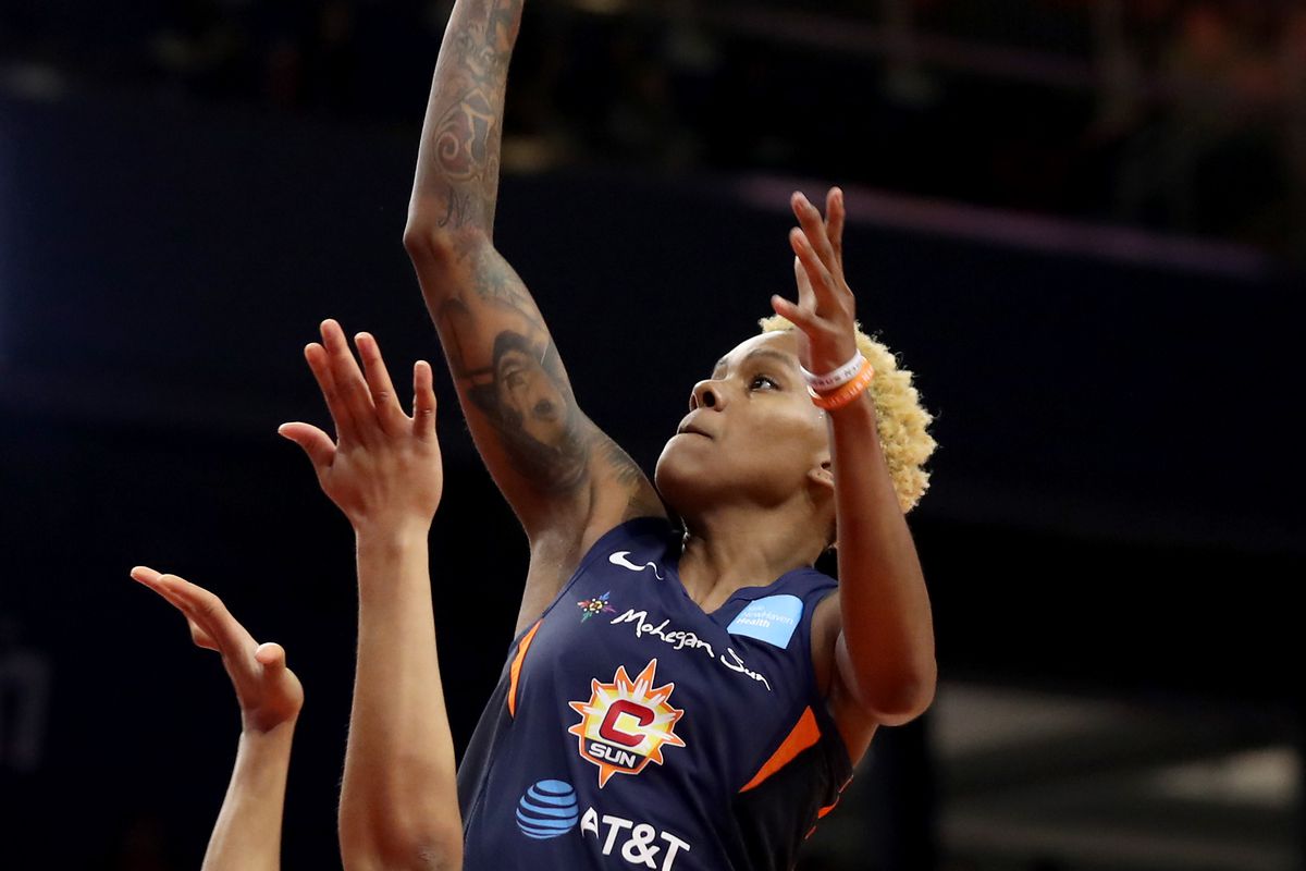 Courtney Williams of Connecticut Sun shoots over Aerial Powers of the Washington Mystics in the first half during Game Five of the 2019 WNBA Finals at St Elizabeths East Entertainment &amp; Sports Arena on October 10, 2019 in Washington, DC.