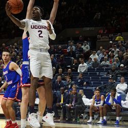The UMass Lowell River Hawks take on the UConn Huskies in a men’s college basketball game at Gampel Pavilion in Storrs, CT on November 27, 2018