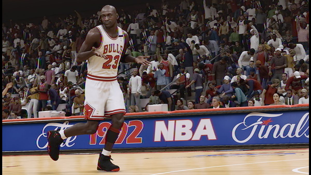 “The Shrug” After hitting his sixth three pointer in Game 1 of the 1992 NBA Finals, Michael Jordan shrugs at Marv Albert