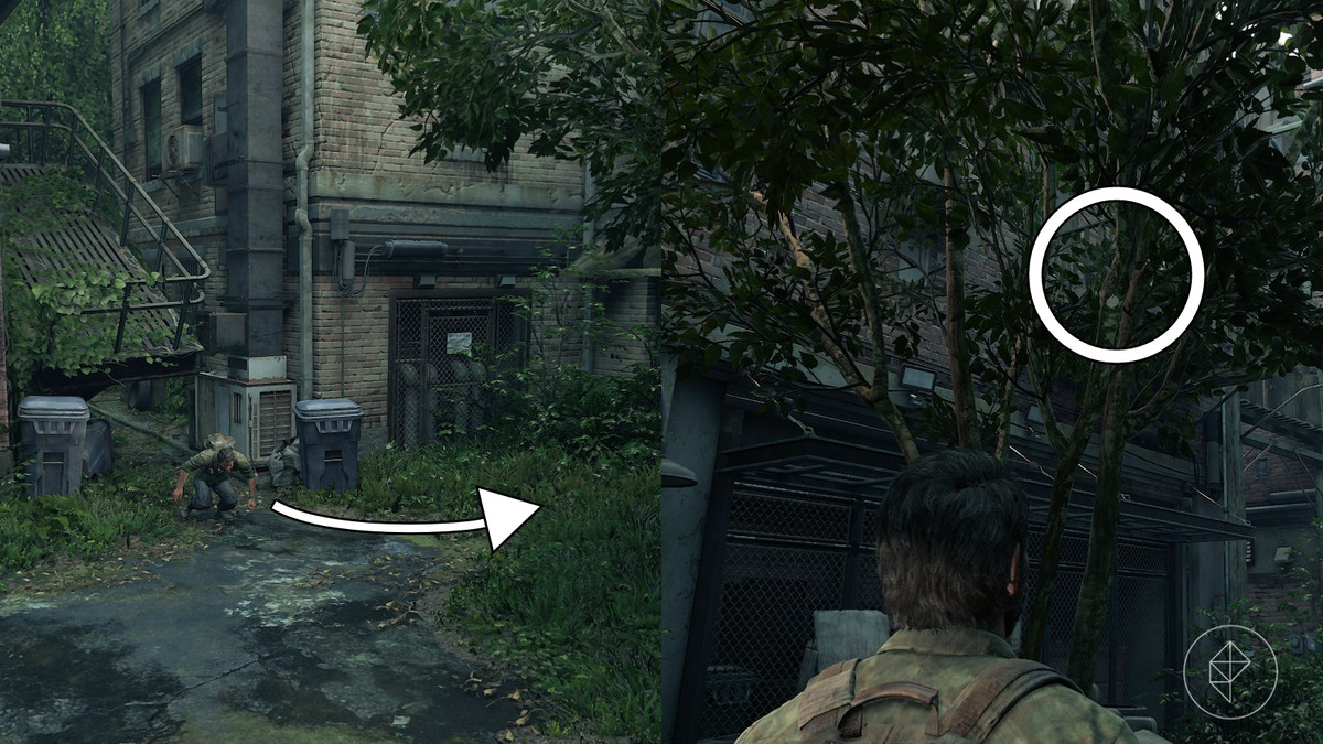 Joel crouching under the collapsed broken metal walkway and Joel standing in front of a tree with a pendant hanging on the branch in The Last of Us Part 1.