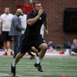 Defensive end Hunter Dimick runs the 40-meter sprint at the University of Utah football Pro Day in Salt Lake City on Thursday, March 23, 2017.
