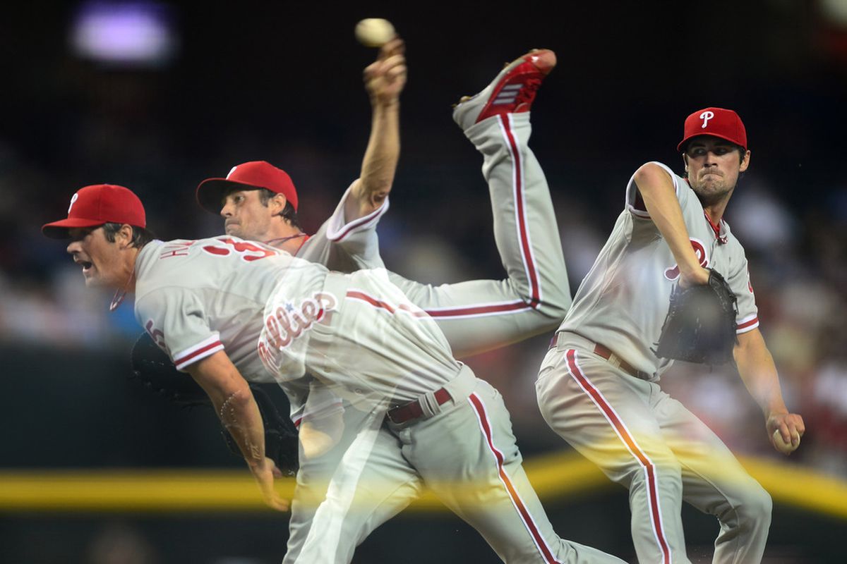 Philadelphia Phillies' pitcher Cole Hamels was suspended for five days today for hitting Washington Nationals' outfielder Bryce Harper in yesterday's game in D.C. Mandatory Credit: Mark J. Rebilas-US PRESSWIRE
