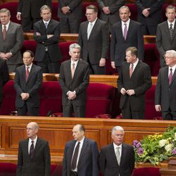 Members of the First Presidency and the other General authorities stand with the audience to sing during the morning session of 183 annual General Conference of the Church of Jesus Christ of Latter Day Saints Saturday, April 6, 2013 inside the Conference Center.