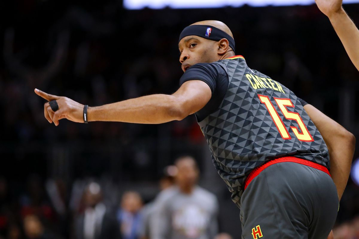 Vince Carter of the Atlanta Hawks reacts after landing a three pointer during the second half of an NBA game against the Charlotte Hornets at State Farm Arena on March 9, 2020 in Atlanta, Georgia.