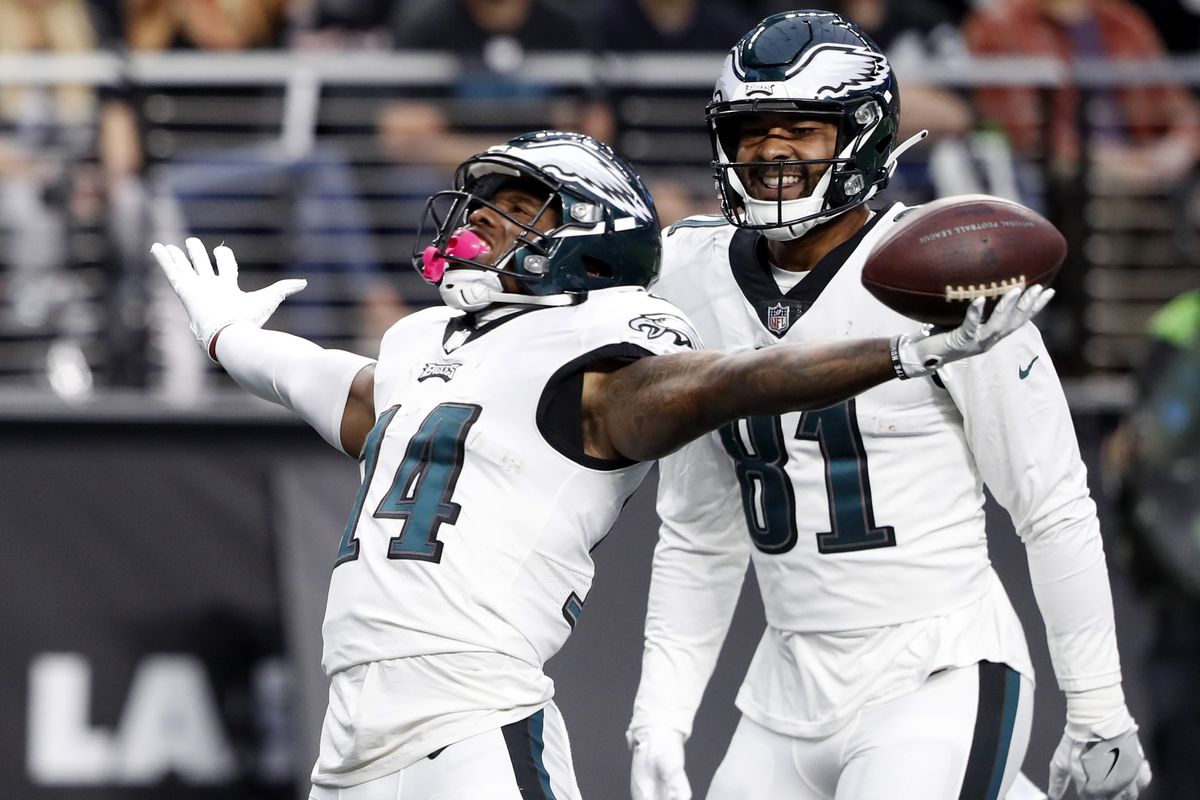 Kenneth Gainwell #14 of the Philadelphia Eagles celebrates a touchdown during the first half in the game against the Las Vegas Raiders at Allegiant Stadium on October 24, 2021 in Las Vegas, Nevada.