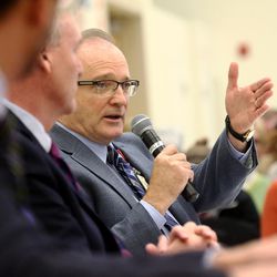 Dr. Douglas Gray, professor and suicidologist, University of Utah, speaks as he joins Sen. Orrin Hatch and others at a suicide-prevention conference at East High School  in Salt Lake City on Friday, Dec. 16, 2016.