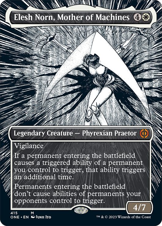 Elesh Norn squatting in a threatening posture. The mythic card is a 4/7 legendary creature with vigilance. It is rendered in black and white.