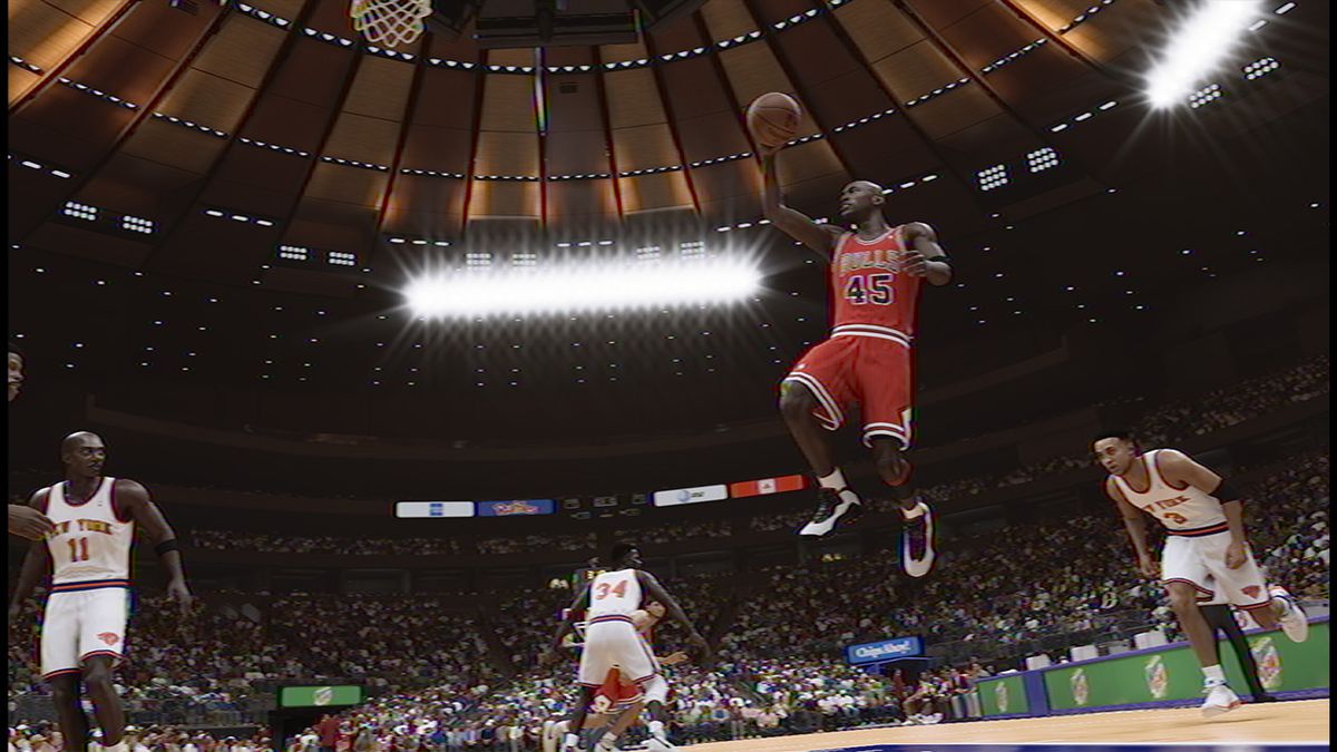Michael Jordan glides in for a dunk at Madison Square Garden wearing No. 45, the uniform number he wore playing minor league baseball in 1994.