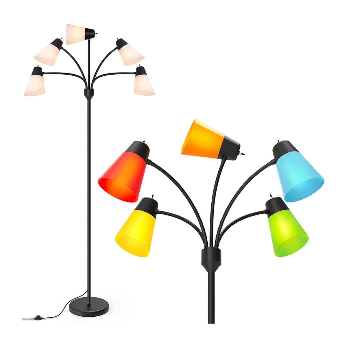 Two FOLKSMATE multi-head LED floor lamps with regular shades and multi-color shades