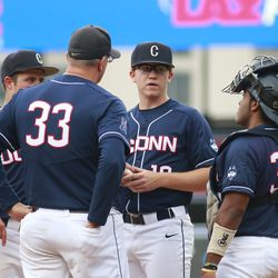 The Wichita State Shockers take on the UConn Huskies in a college baseball game at Dunkin Donuts Park in Hartford, CT on May 4, 2019.