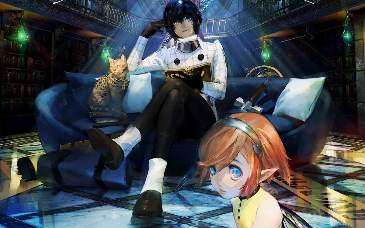 Artwork of Metaphor: ReFantazio, featuring its protagonist sitting next to a cat on a sofa, and a small fairy-like woman resting on the floor