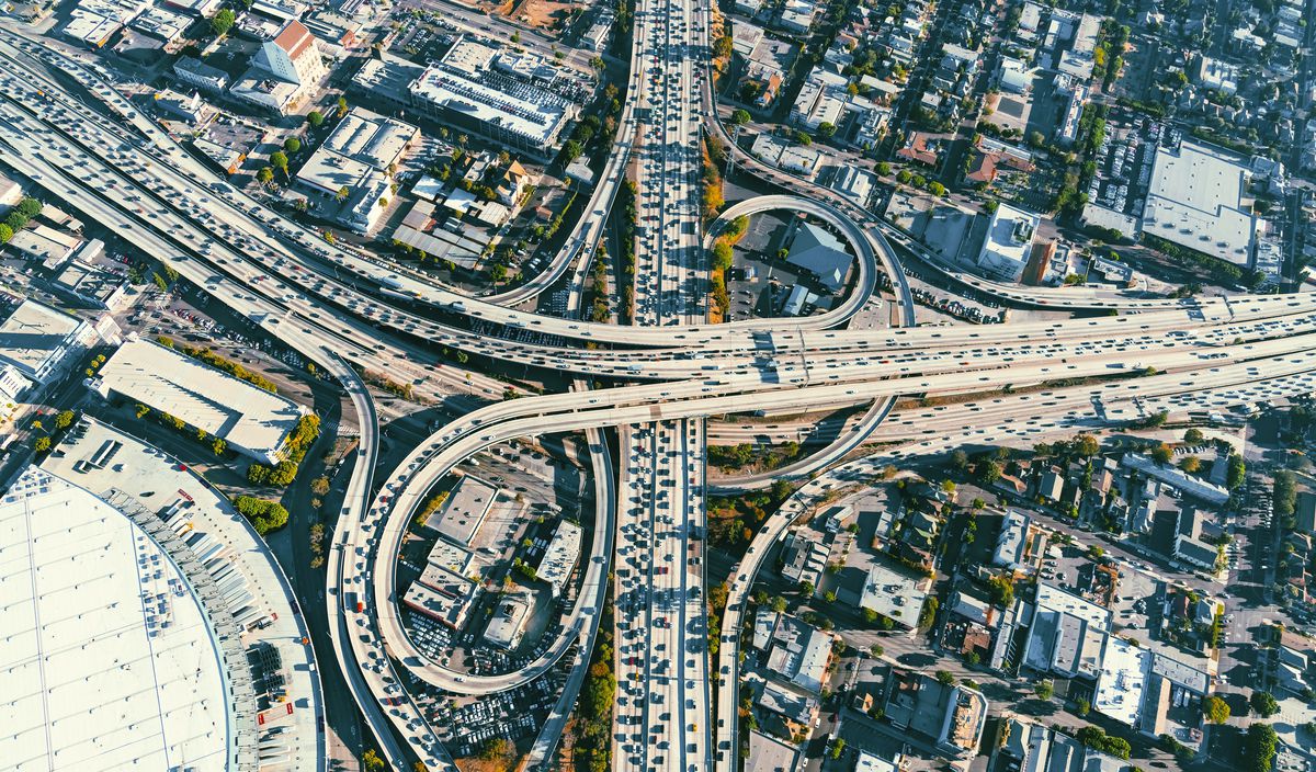 Aerial view of freeways in Downtown LA.