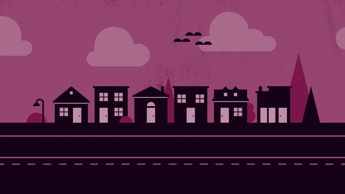An illustration in purple of houses on a street.