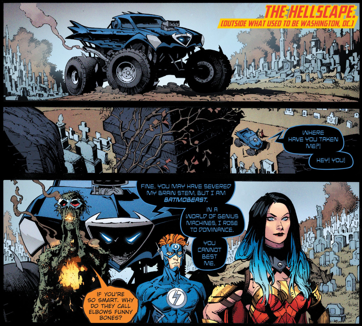 The Batmobeast, a sentient monster truck who is also Batman, explains his stupid backstory as other characters ignore him, in Dark Nights: Death Metal #2, DC Comics (2020). 