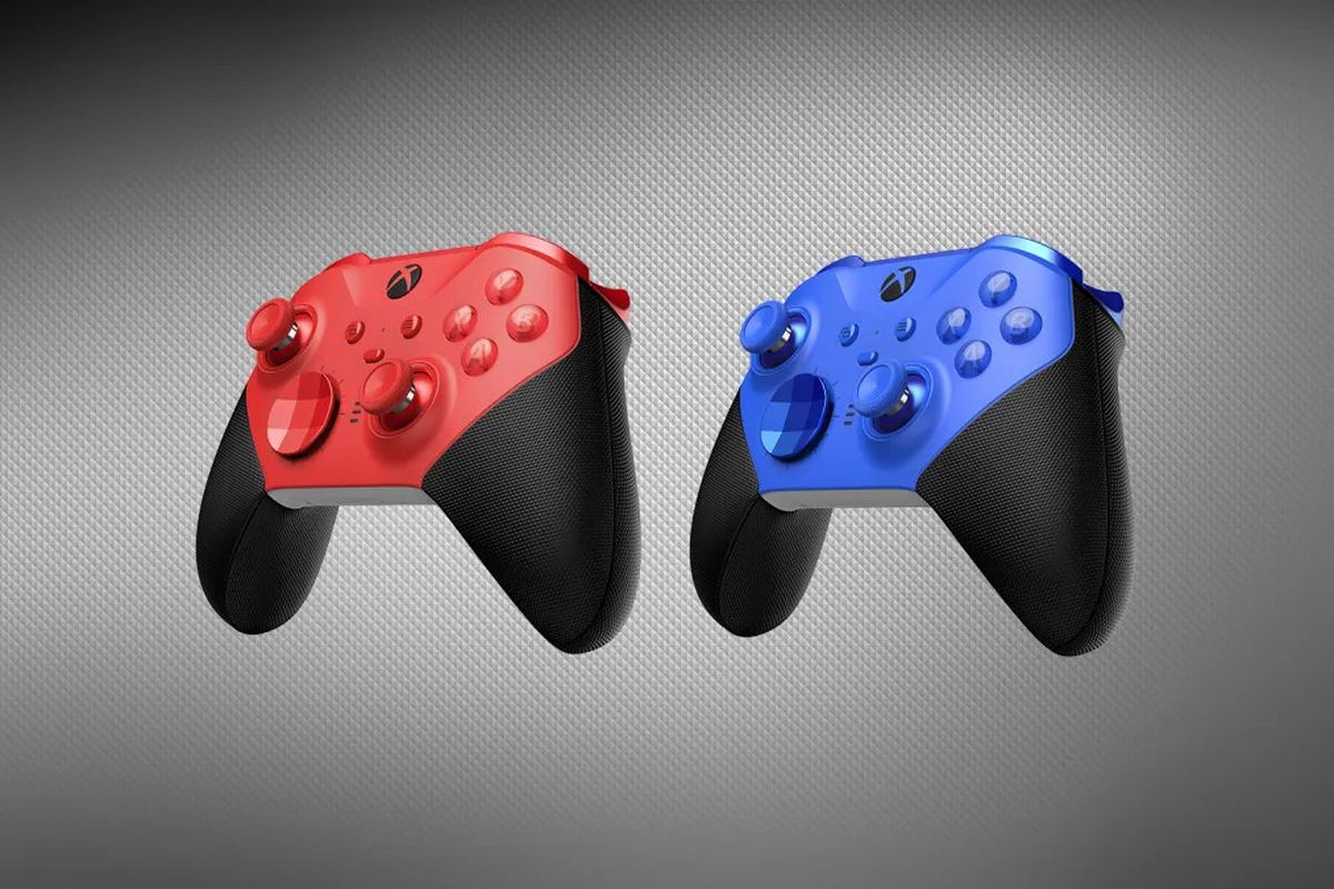 promotional image of two xbox controllers, one red and the other blue, side by side