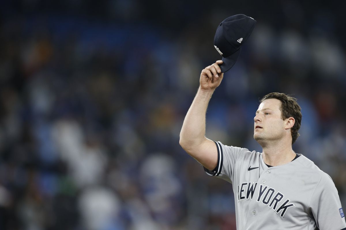 Gerrit Cole of the New York Yankees celebrates pitching a complete game shutout against the Toronto Blue Jays at Rogers Centre on September 27, 2023 in Toronto, Canada.