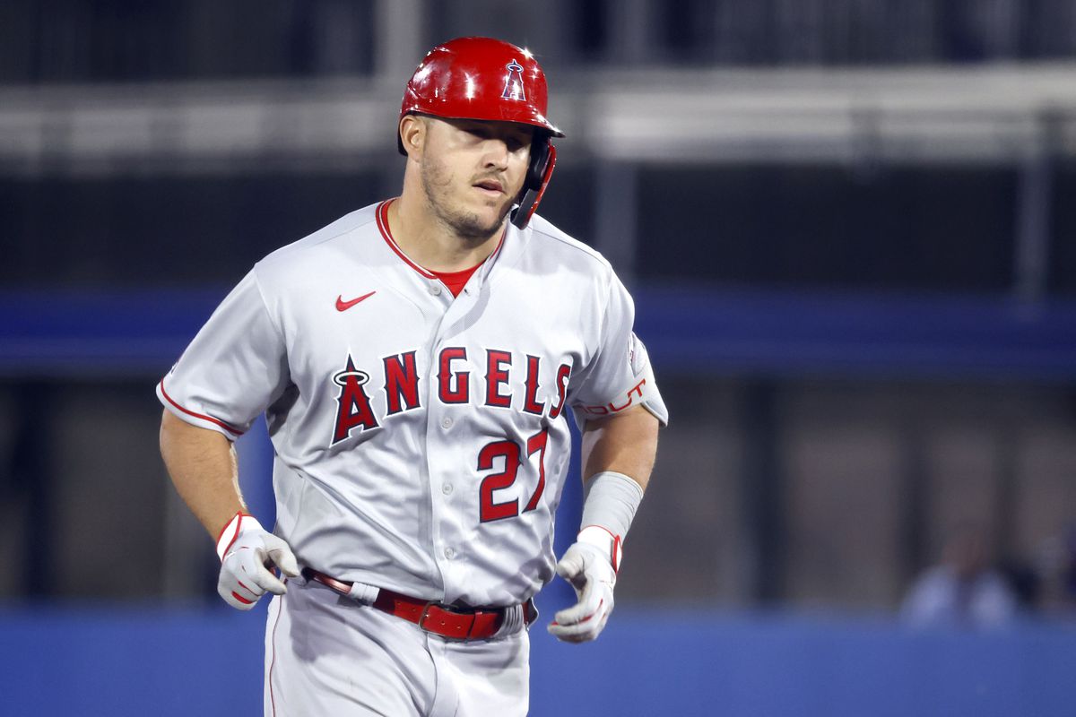 Los Angeles Angels center fielder Mike Trout hits a home run during the second inning against the Toronto Blue Jays at TD Ballpark.&nbsp;