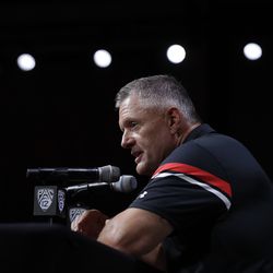 Utah head coach Kyle Whittingham answers questions during the Pac-12 Conference NCAA college football Media Day Wednesday, July 24, 2019, in Los Angeles.