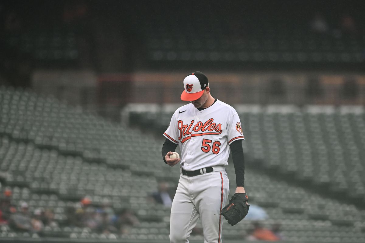 Orioles pitcher Kyle Bradish examines a ball on the mound at Camden Yards
