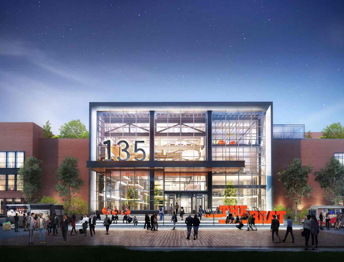 Rendering of the Beat, a mixed-use space in Dorchester that will include a food hall. The rendering shows a glass-enclosed, two-story building with a giant “135” on the front (for the address).