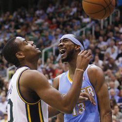 Denver's Corey Brewer screams after a shot as the Utah Jazz and Denver Nuggets play Wednesday, April 3, 2013 in Salt Lake City at EnergySolutions Arena. Denver beat the Jazz 113-96.