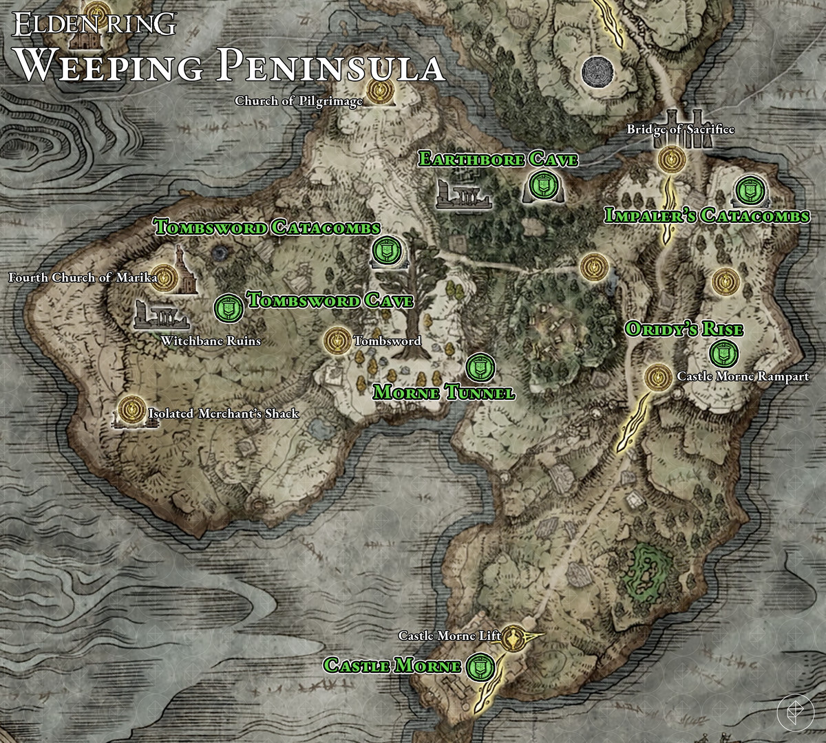 Elden Ring map showing the location of each dungeon in the Weeping Peninsula