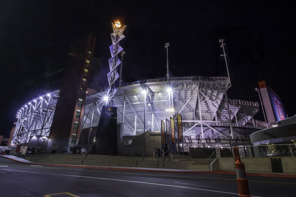 The 2002 Olympic Winter Games cauldron burned brightly outside Rice-Eccles Stadium in Salt Lake City on Friday.  The 72-foot cauldron does not rest on a pedal fountain outside the stadium. 