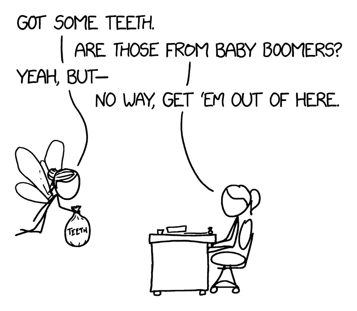 A stick figure drawing of a tooth fairy approaching a person at a desk, from the book How To. The person refuses the fairy’s teeth, because they are from Baby Boomers.