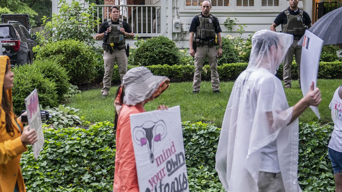 Abortion rights activists protest outside Justice Brett Kavanaugh’s home following SCOTUS opinion leak