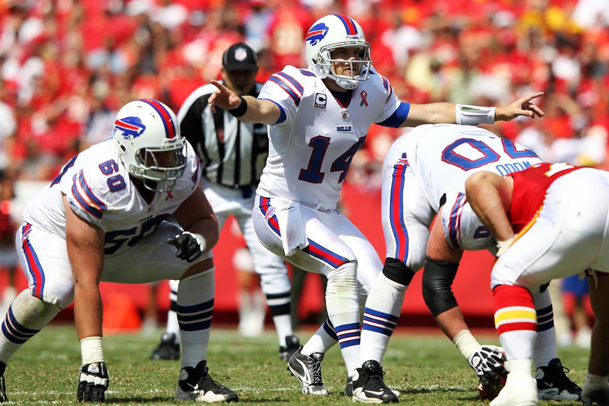 KANSAS CITY, MO - SEPTEMBER 11:  Quarterback Ryan Fitzpatrick #14 of the Buffalo Bills in action during the game against the Kansas City Chiefs at Arrowhead Stadium on September 11, 2011 in Kansas City, Missouri.  (Photo by Jamie Squire/Getty Images)