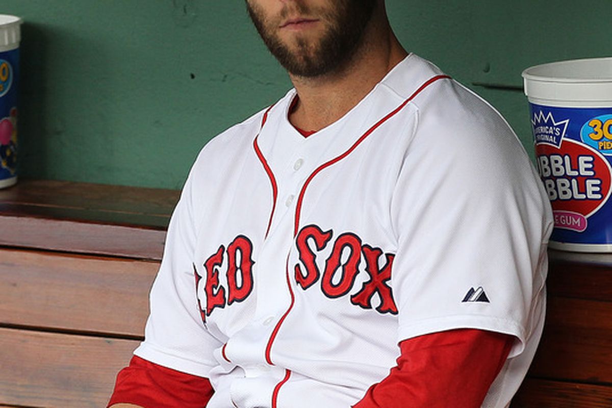 BOSTON, MA: Dustin Pedroia #15 of the Boston Red Sox sits on the bench before a game against the Detroit Tigers at Fenway Park in Boston, Massachusetts. (Photo by Jim Rogash/Getty Images)