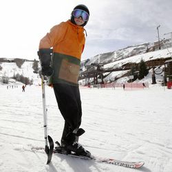 Shriners Hospital patient Jesse Brown, 17, practices skiing at the annual Un-limb-ited Winter Camp at Park City Mountain Resort in Park City Thursday, Feb. 5, 2015. Brown lost his leg to cancer.