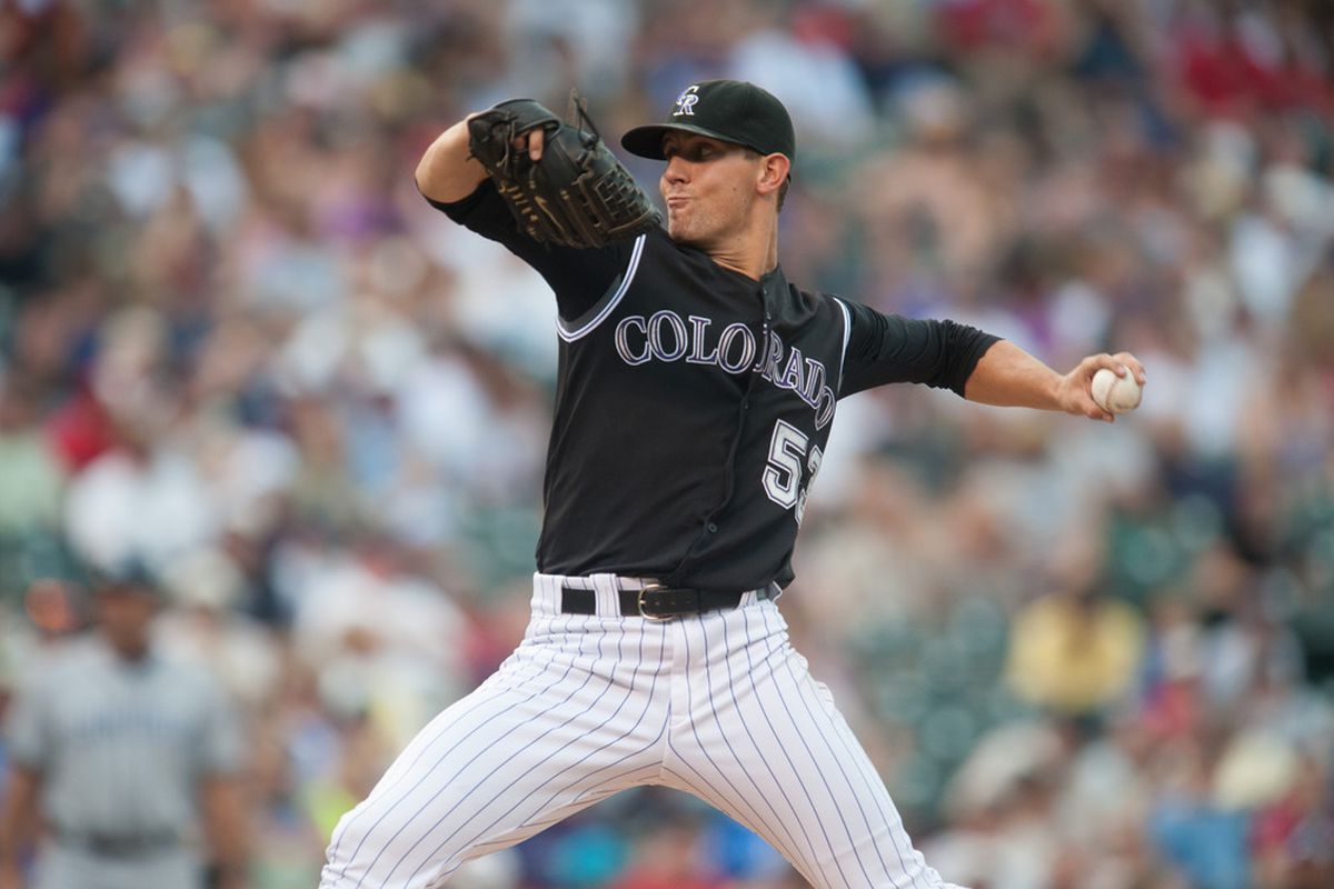 DENVER, CO - JUNE 30:  Christian Friedrich #53 of the Colorado Rockies pitches in the third inning of a game against the San Diego Padres at Coors Field on June 30, 2012 in Denver, Colorado.  (Photo by Dustin Bradford/Getty Images)