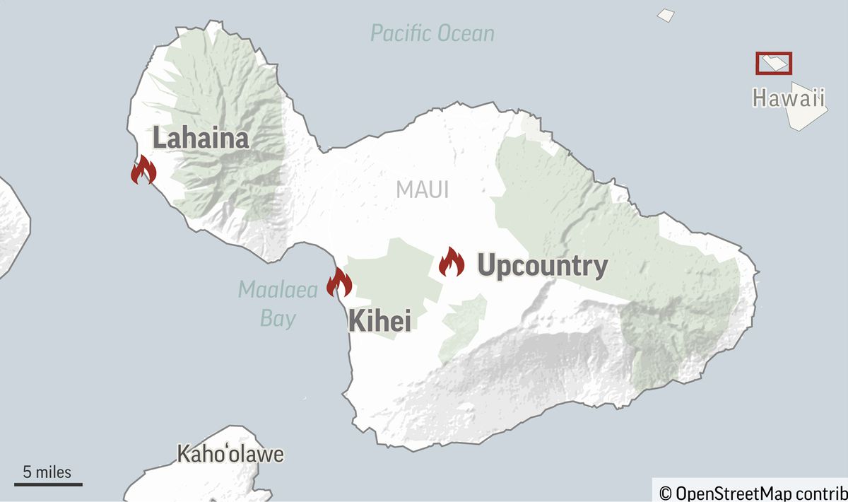 A map of the island of Maui has fire icons on the western towns of Lahaina and Kihei, and in the upcountry region of its central mountains.
