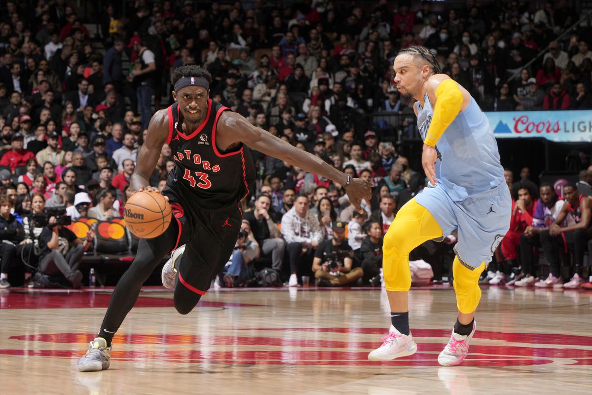 Pascal Siakam #43 of the Toronto Raptors dribbles the ball during the game against the Memphis Grizzlies on December 29, 2022 at the Scotiabank Arena in Toronto, Ontario, Canada.