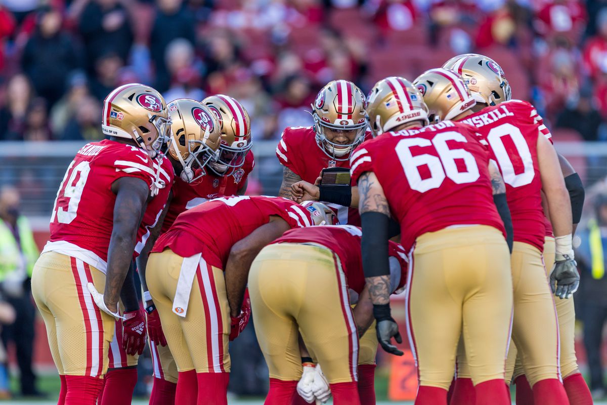 San Francisco 49ers Quarterback Trey Lance (5) calls a play in the huddle during the NFL pro football game between the Houston Texans and San Francisco 49ers on January 2, 2022 at Levis Stadium in Santa Clara, CA.