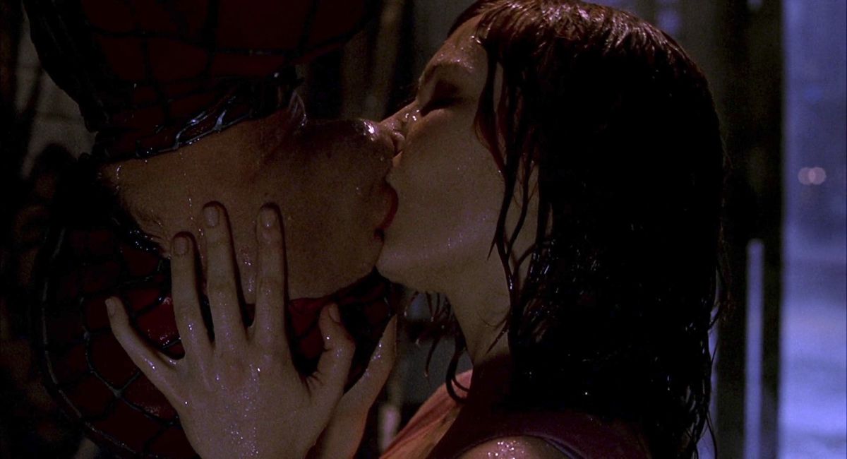 Spider-Man/Peter Parker and Mary Jane’s famous upside down kiss from Spider-Man. 