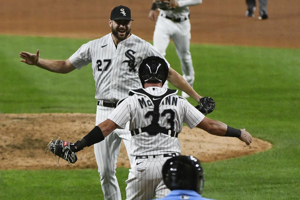 White Sox starting pitcher Lucas Giolito  celebrates with catcher James McCann after closing out a no-hitter Tuesday against the Pittsburgh Pirates at Guaranteed Rate Field. The White Sox won 4-0. 