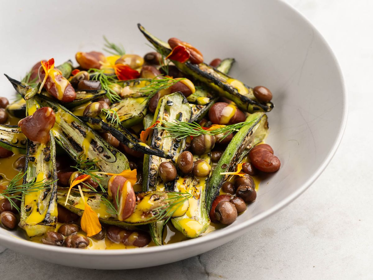 Ubuntu’s charred okra salad with pigeon peas, red kidney beans, and a passionfruit vinaigrette.
