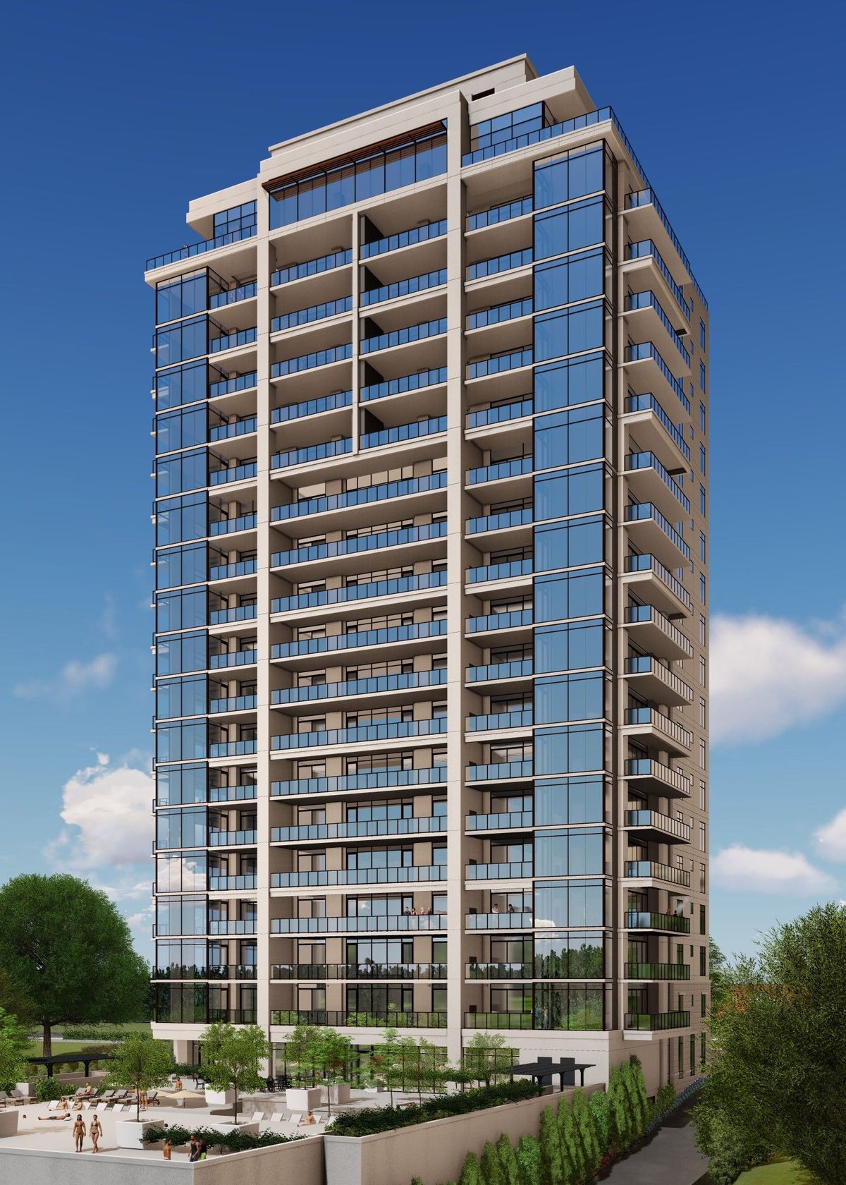 A rendering of a tall condo building girded by tress at the base. 