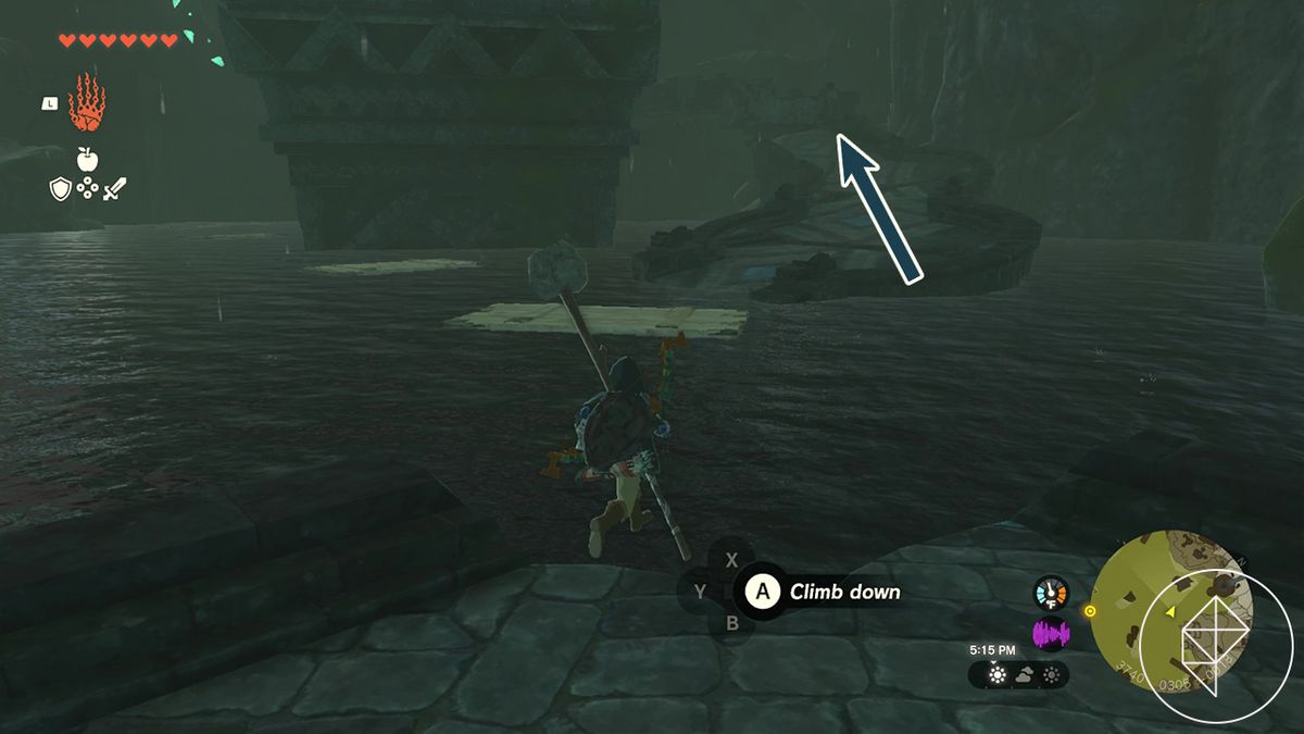 Link hops off a stone ledge into more gray water. On the other bank, a stone bridge ascends, and an added arrow indicates the player should take the bridge up.
