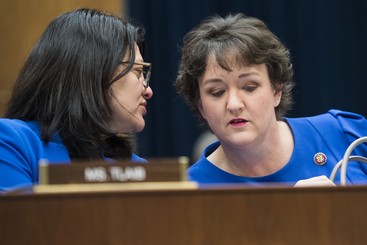 Rashida Tlaib and Katie Porter speak to one another seated behind a desk.