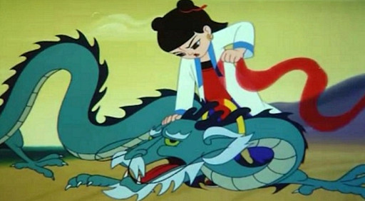 Nezha, wearing a white and red outfit, comforts the green dragon in an animated image from Nezha Conquers the Dragon King