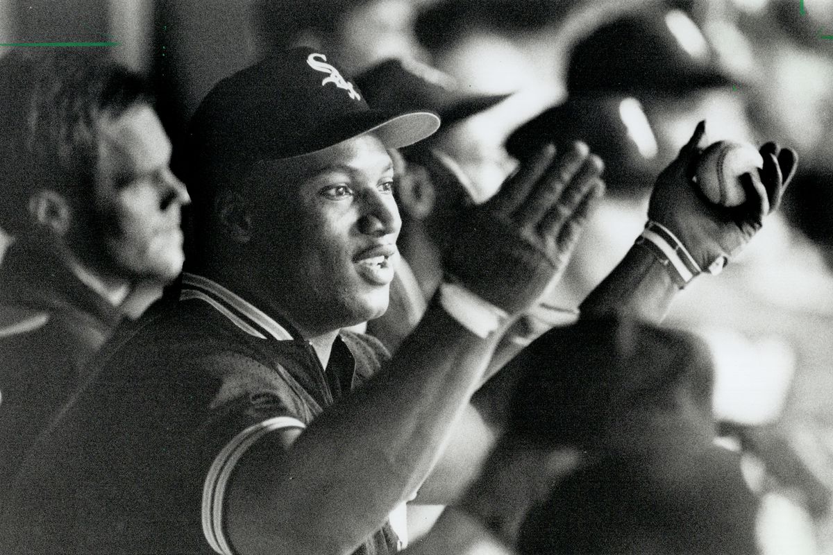 Cheer-Leader: White Sox’s Bo Jackson; recovering from a hip injury; gestures in the dugout last nigh